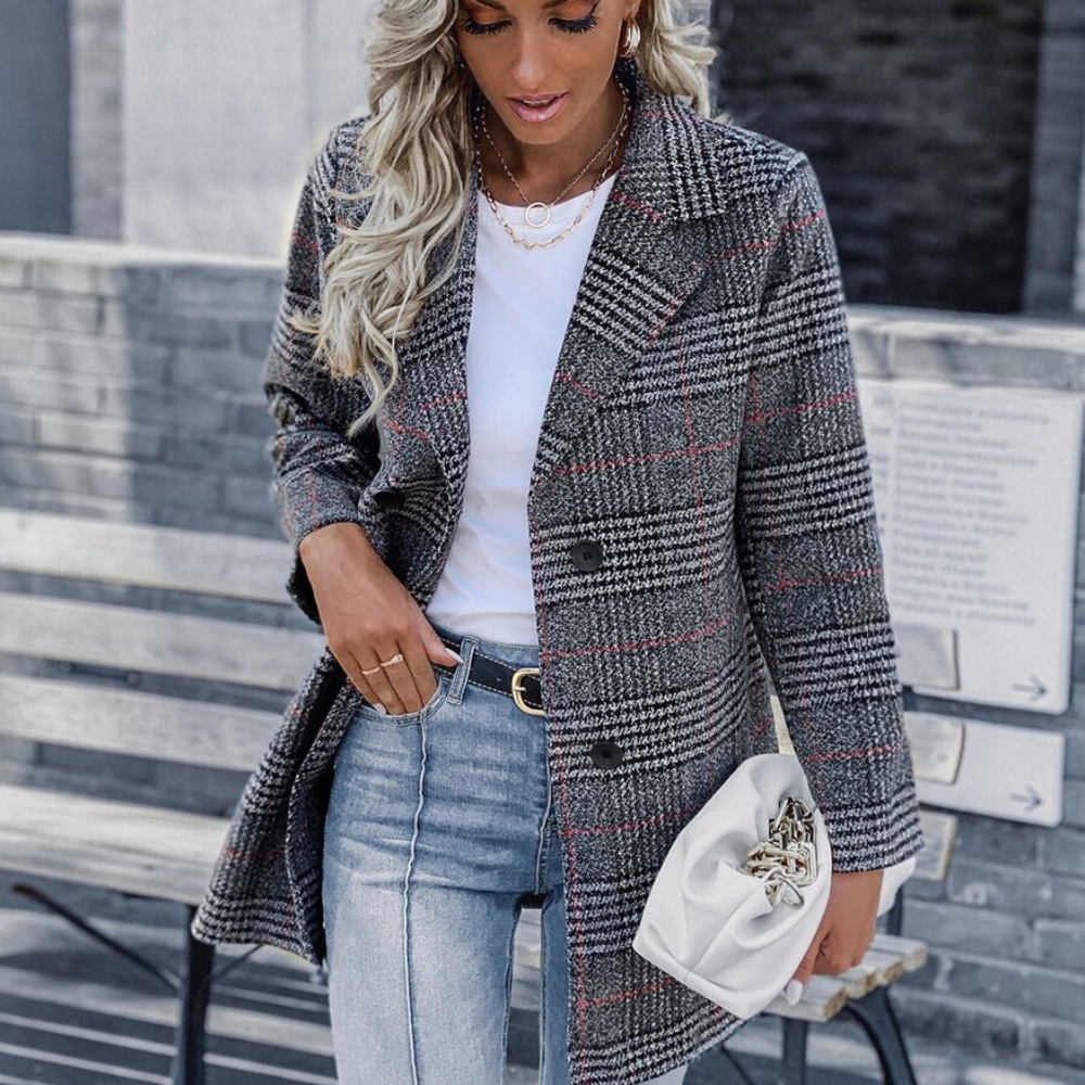 Classic Plaid Print double breasted blazer jacket coat - Picture 1 of 7